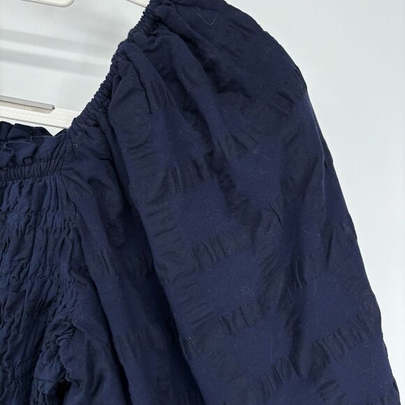 Anthropologie Maeve Smocked Top Large Navy Searsucker Windowpane Balloon Sleeve - Picture 6 of 11